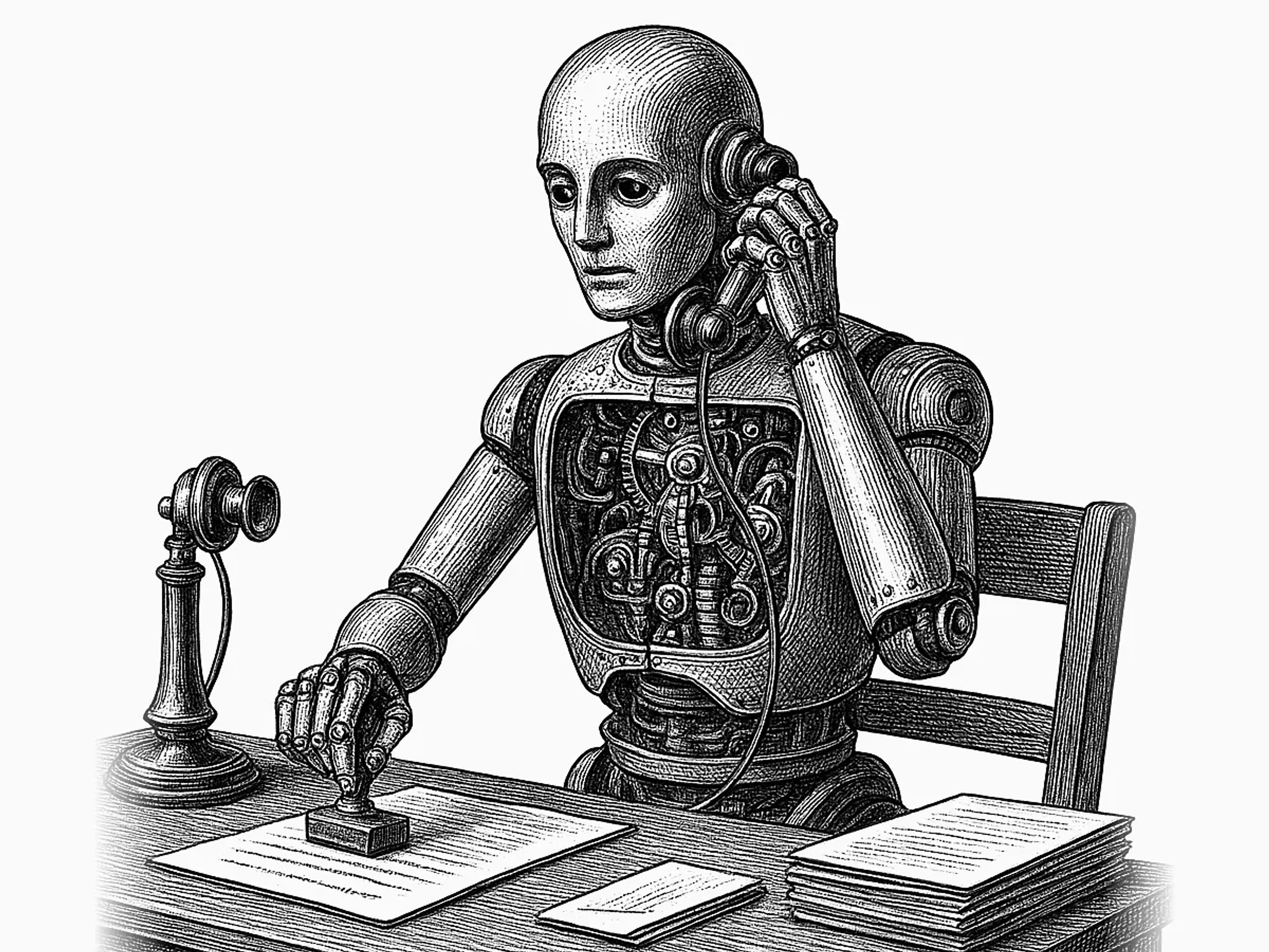 Ilustração: autômato de engrenagens sentado à mesa, trabalhando sozinho com carimbo, telefone antigo e livro-caixa