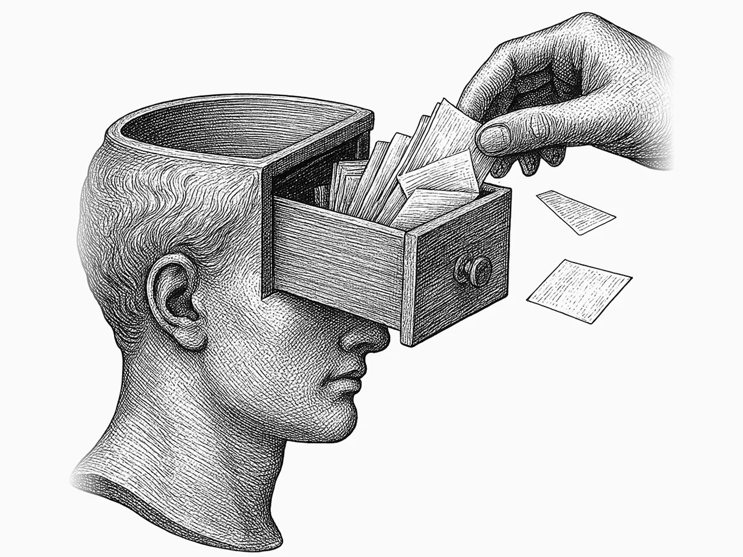 Ilustração: cabeça humana de perfil aberta como gaveta de arquivo, com uma mão guardando fichas dentro