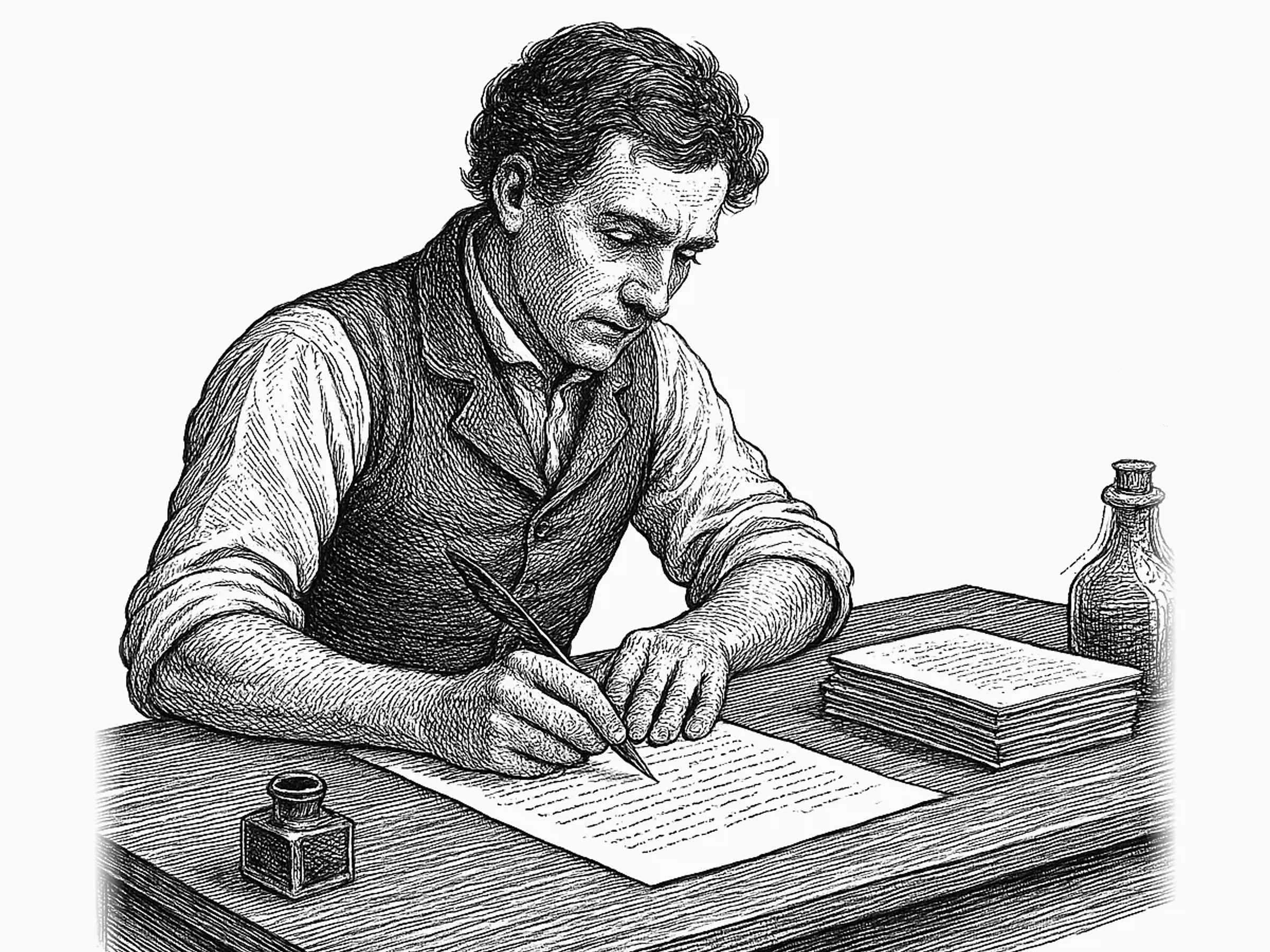 Ilustração: homem escrevendo uma carta à mesa, com um frasco de poção fechado e esquecido no canto